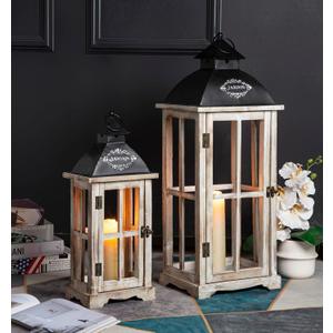 Set of 2 Large Decorative Wooden Metal Lanterns, Farmhouse Rustic Floor Candle Lanterns, Indoor/Outdoor Hanging Lanterns for Home Decor (No Glass) (Graywash)
