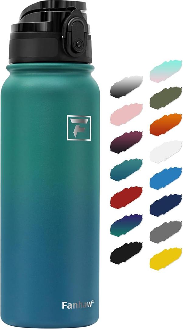 Fanhaw 20 Oz Insulated Stainless Steel Vacuum Water Bottle with Anti-Dust Pop-Open Lid - For Kids, Women, Men | Leak & Sweat Proof (Green Blue)