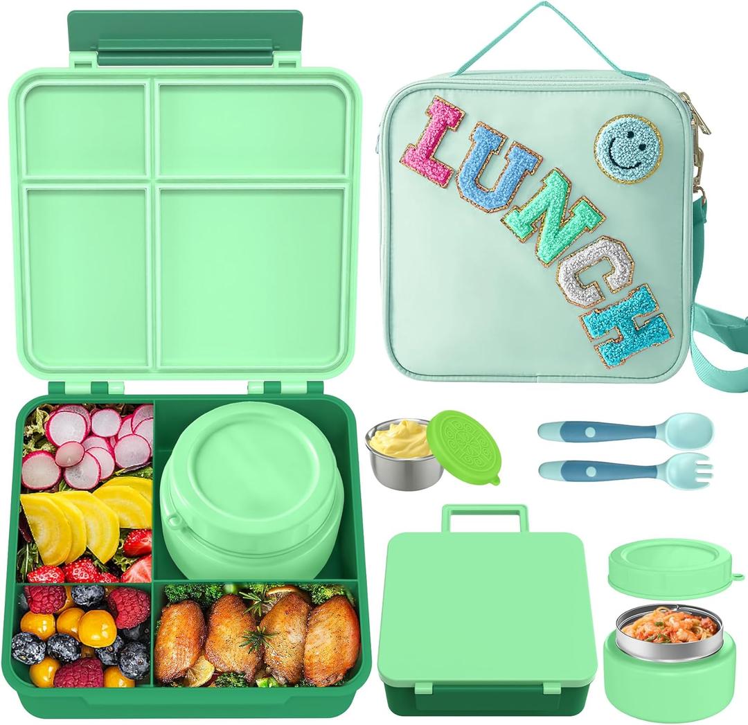 Aimsnk Kids Bento Lunch Box with 8oz Soup Thermo, Kids Leakproof Lunch Food Containers with 4 Compartment,Insulated Hot Food Jar with Lunch Bag for School, Travel (Green)