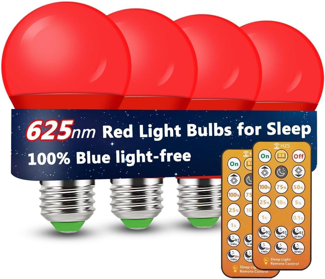 Wivety Red Light Bulbs for Sleep with Remote Control, E26 LED Blue Light Blocking A19, 9W for Sleep Therapy, Baby Nursery, Bedroom (4 Packs)
