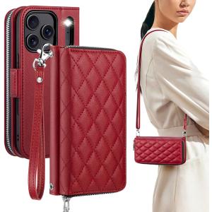 OCASE for iPhone 17 Pro Crossbody Wallet Case - Stylish PU Leather Handbag Phone Purse with Zipper Closure, Card Slots & RFID Blocking - Wrist Strap, Lanyard, Kickstand - Diamond Check Red