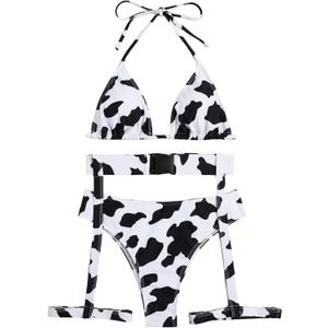 SHENHE Women's 3 Piece Cow Print Cut Out Tie Backless Halter Triangle Bikini Swimsuit Bathing Suit (Medium, Black)