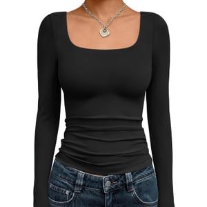 Trendy Queen Womens Square Neck Long Sleeve Shirts Double Lined Slim Fit Tops Y2K Going Out Basic Tees (Large, Black)