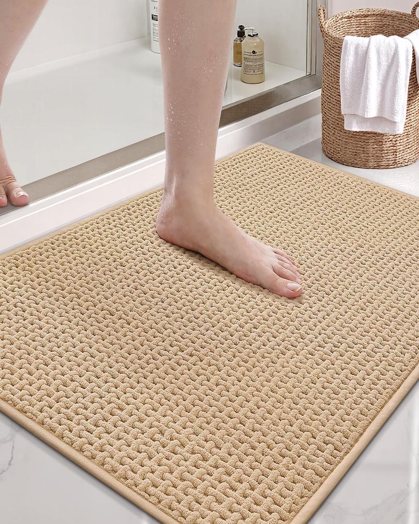 Color&Geometry Ultra Soft Chenille Bathroom Rugs Non Slip Rubber Backing, Machine Washable, Super Absorbent Floor Mat for Bathroom, Bathtub & Shower, Quick Dry Beige Bath Mat, Standard Sized,17"x29.5"