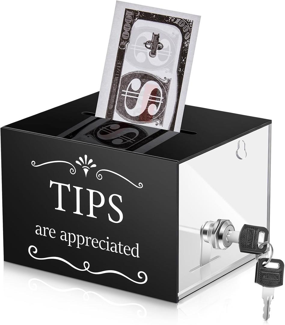 Vesici Tip Jars for Money 6 x 4 x 5 Inch Acrylic Tip Collection Box with Lock Donation Suggestion Box for Tip Storage Container Raffling Box for Bartender Bars, Musicians Restaurants Driver (Black)