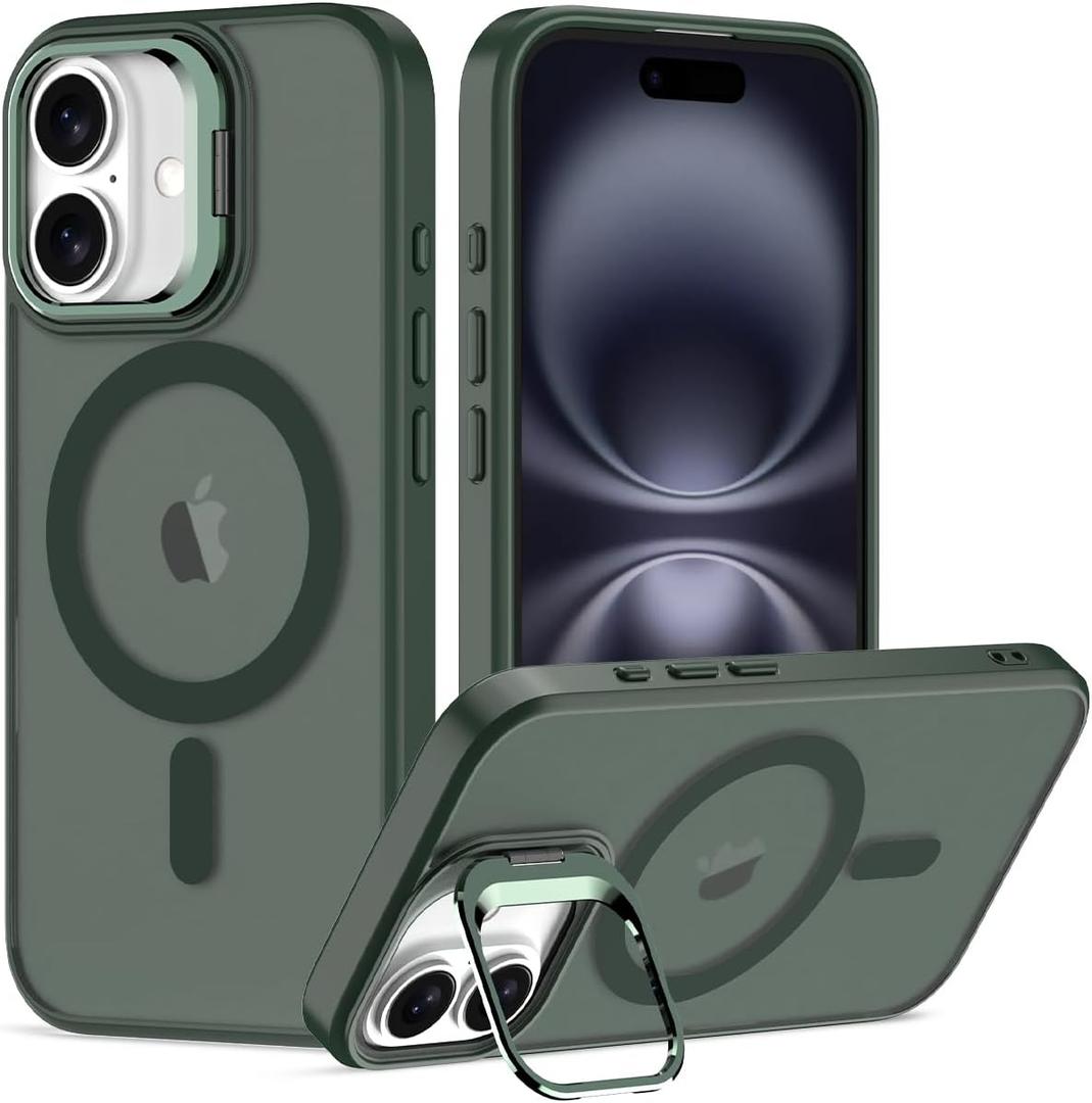 Nvollnoe for iPhone 16 Case Compatible with MagSafe Military Grade Shockproof Heavy Duty Protective Adjustable Kickstand Matte Semi Clear Phone Case for iPhone 16(Dark Green)