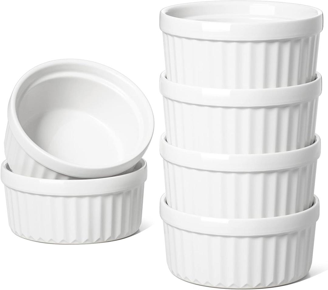 Le Tauci Ramekins 4 OZ Oven Safe, Creme Brulee Ramekins, Pudding Custard Cups Souffle Ramiken, Dipping Sauce Dishes, Ceramic Ramekin Bowls Set of 6, White