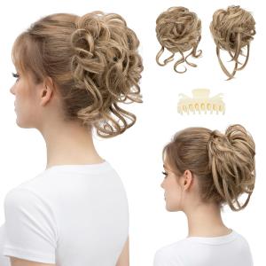 SARLA 2PCS Messy Bun Hair Pieces for Women Detachable Claw Clip Wavy Curly Synthetic Hairpieces for Updos with Tendrils Fake Scrunchies Ponytail Extension Sand