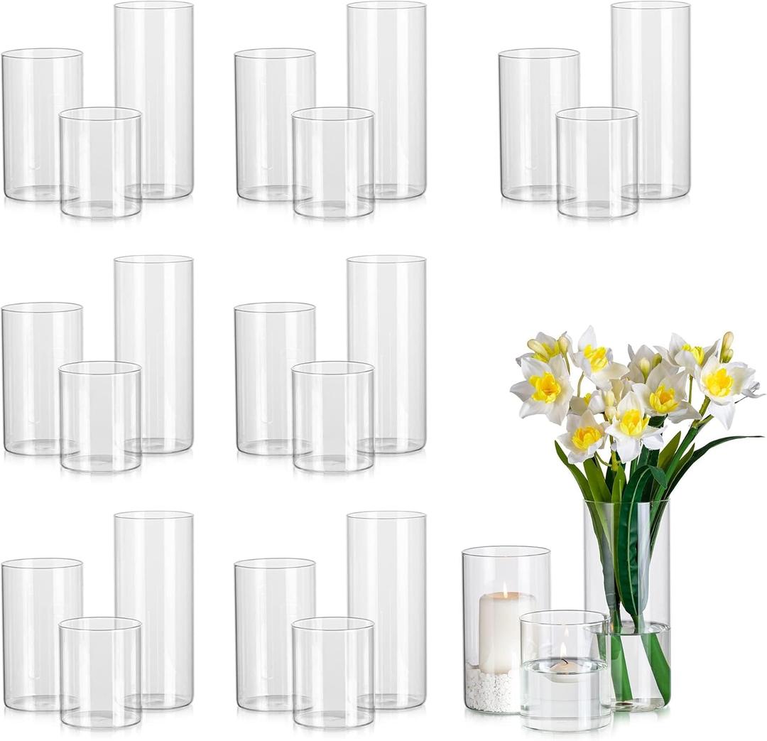 Glasseam Clear Cylinder Vases Set, 24Pcs Glass Vases for Centerpieces Bulk, Modern Floating Candle Holder for Decor, Hurricane Candle Holders for Wedding Table Decor (5.5"/7.5"/9.5")