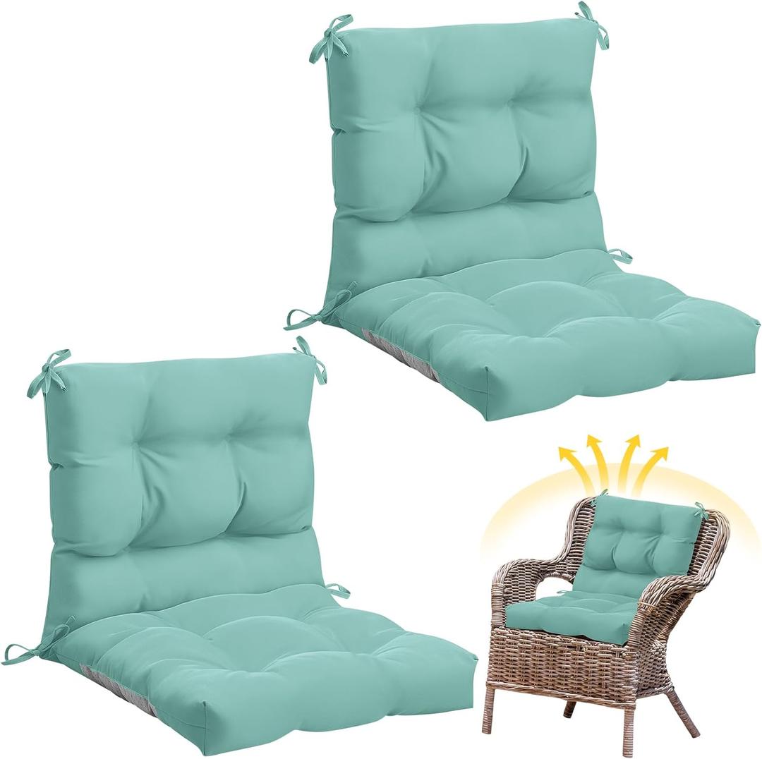 2 Pcs Outdoor Indoor High Back Chair Cushions Patio Furniture Tufted Pillow with Ties Water-Resistant Replacement Outdoor Rocking Chair Cushions, 42 x 21 Inches (Light Green,Solid Color)