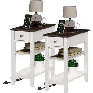 ChooChoo Farmhouse End Table Living Room Set of 2, Sofa Side Table Living Room with Charging Station, Narrow Night Stand with USB Ports & Power Outlets and Hidden Drawer