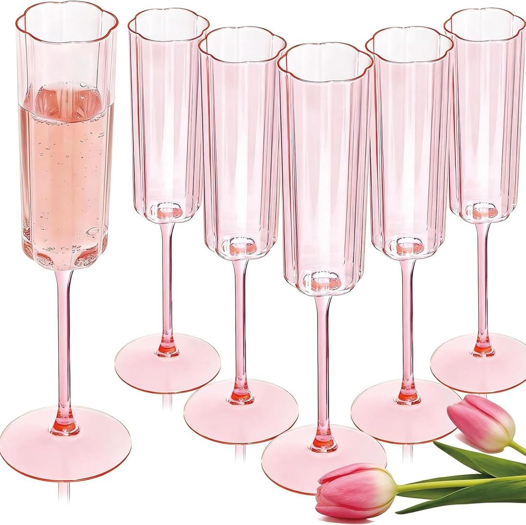 Ciaell 24 Pack Pink Plastic Champagne Flutes - 6 Oz Flower Wavy Champagne Glasses - Heavy Duty Vintage Disposable Glassware for Party & Anniversary & Wedding & Mother's Day
