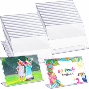Soaoo 50 Pcs Acrylic Picture Frames Bulk 4 x 6 Inch Plastic Sign Holder Clear Photo Frame Horizontal L Shape Acrylic Slanted Back Plastic Picture Display Stand Flyer Holder for Office Home Desktop