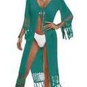 BreathSunny Womens Crochet Knit Swimsuit Coverup Long Cardigan Summer 2026 Tie Open Front Tassel Hollow Out Long Sleeve Mesh Swimwear Beach Swim Bikini Bathing Suit Cover Up Kimono Peacock Green S