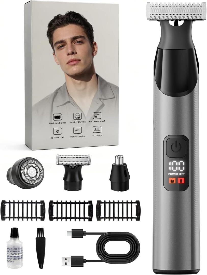 Body Hair Trimmer for Men & Beard Trimmer, All-in-One Grooming Kit with Perforated Dual-Sided Blade, Magnetic Detachable Heads, IPX7 Waterproof Wet and Dry Shaver, LED Display, Misty Gray
