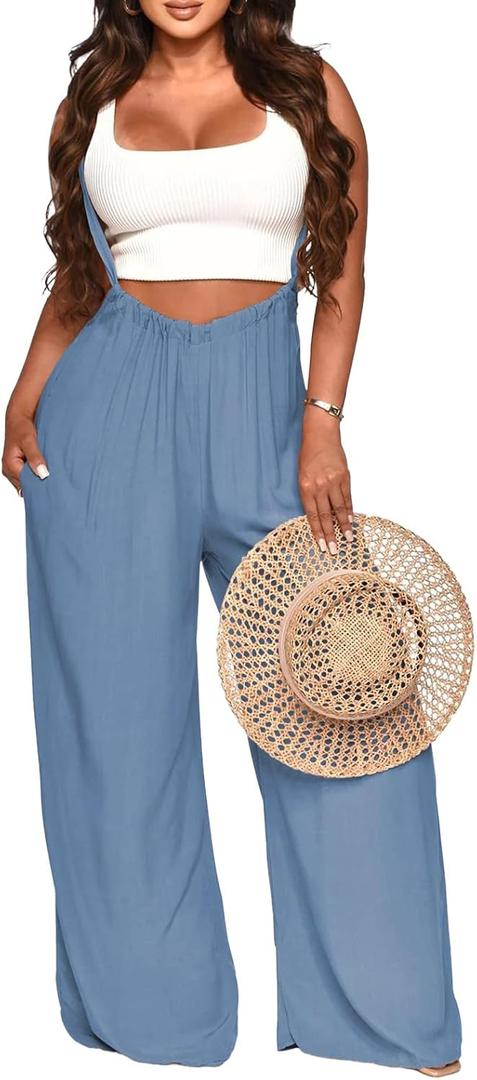 Nimsruc Womens Jumpsuit Casual Loose Sleeveless Adjustable Spaghetti Straps Wide Leg Pants Baggy Overalls With Pockets (XXL, 730-light Blue)