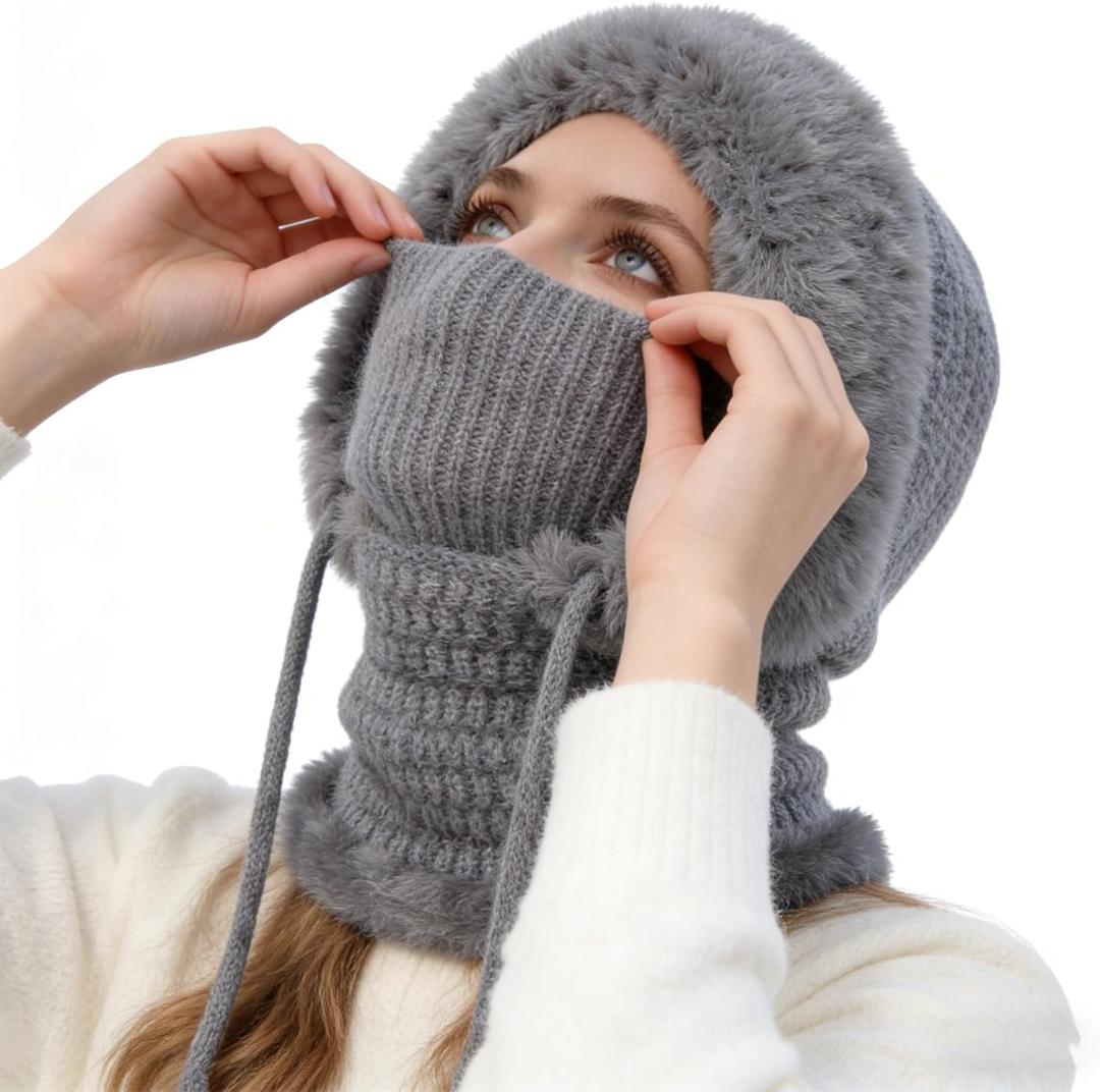 3 in 1 Beanie Hat for Women, Womens Balaclava Winter, Cold Knitted Hats Wind Resistant Hooded Scarf, Thick Plush-Lined (Grey)