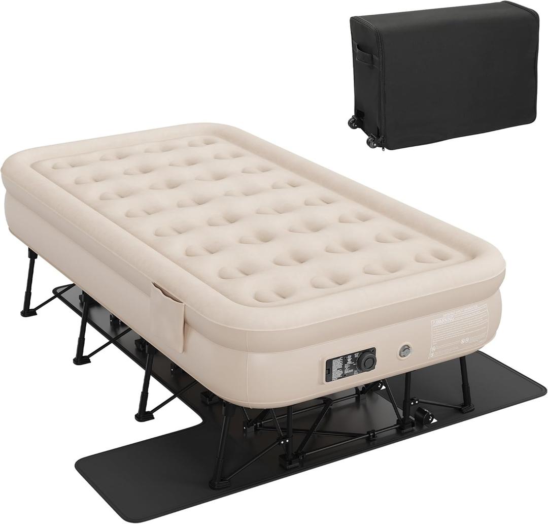 DWVO Inflatable Twin Air Bed with Folding Frame & Rolling Bag, Built-in Pump Blow Up Mattress for Camping, Guest Room & Travel, Portable Air Mattress with Case, 75 x 39 x 24 Inches, Brown