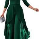 Green Jumpsuit for Woman Dressy Crew Neck Long Sleeve Hight Waist One Piece Jumpsuit Elegant Casual Straight Long Pants Wide Leg Pants (Green, S)