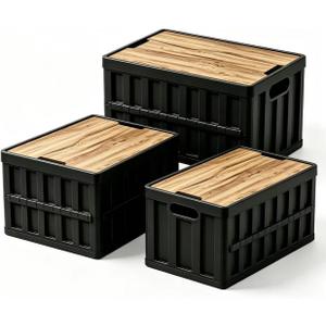 3 Pack 50L Black Collapsible Storage Crate Wooden Lid Stackable Bin for Garage RV Car