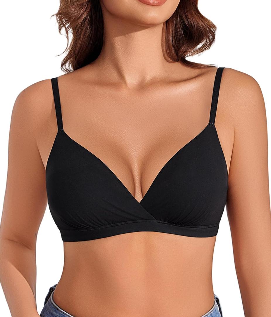 Avidlove Women's Bralettes Wireless Triangle Bra Sexy Plunge Bras No Wire No Padding Bralette Comfortable Everyday (Large, Black)
