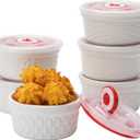 Ramekins with Lids 4 oz White Embossed Creme Brulee Ramekins Ceramic Oven Safe Pudding Cups, Set of 6 Porcelain Custard for Baking Dishwasher