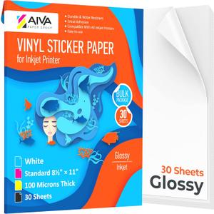 Printable Vinyl Sticker Paper - Waterproof Decal Paper for Inkjet Printer - 30 Self-Adhesive Sheets - Glossy White - Standard Letter Size 8.5"x11"