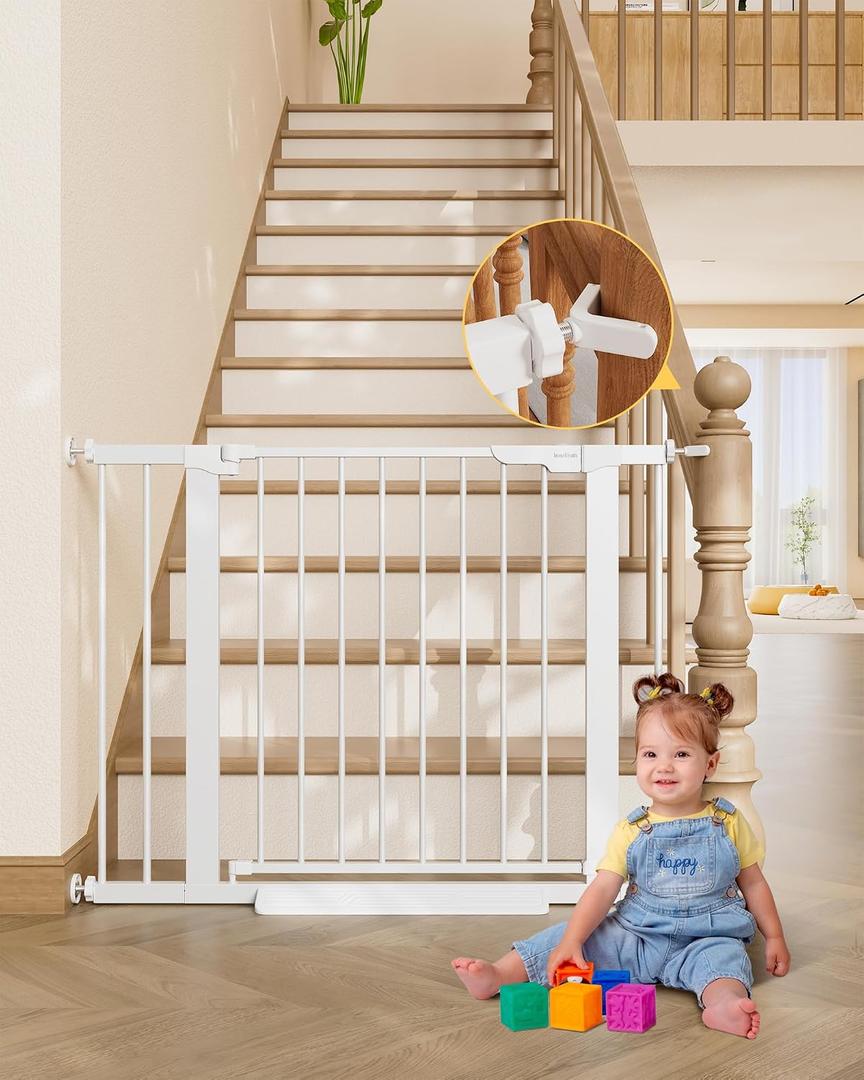 28"-67" Wide Baby Gate for Stairs and Doorways, White Indoor Metal Dog Gate for Pets, Auto Close 2 Way Swing Walk Through Door, Double Lock & Y-Bolts, Pressure or Hardware Mount