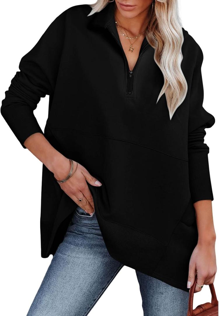 Dokotoo Women's Casual Oversized Half Zip Sweatshirts Long Sleeve Solid Color Pullover Jackets with Pockets (Black, XXL)