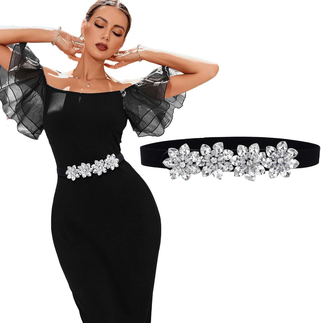 Black Stretch Belt Rhinestone Skinny Belts Crystal Waist Belt Cinch Belt for Women and Girls (X-Large)