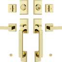 Double Front Door Lock Set, Keyed Entry Front Door Handleset with Dummy, Square Heavy Duty Door Lever and Single Cylinder Deadbolt Combo, Polished Brass