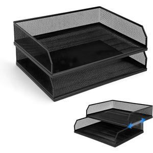 Paper Tray Desk Organizer, 2 Pack Stackable Letter File Tray, Wire Mesh Desktop Organizer, Front-Load Metal A4 Paper Sorter Documents Storage Holder Tray for Office Supplies Home School Classroom (Transverse)