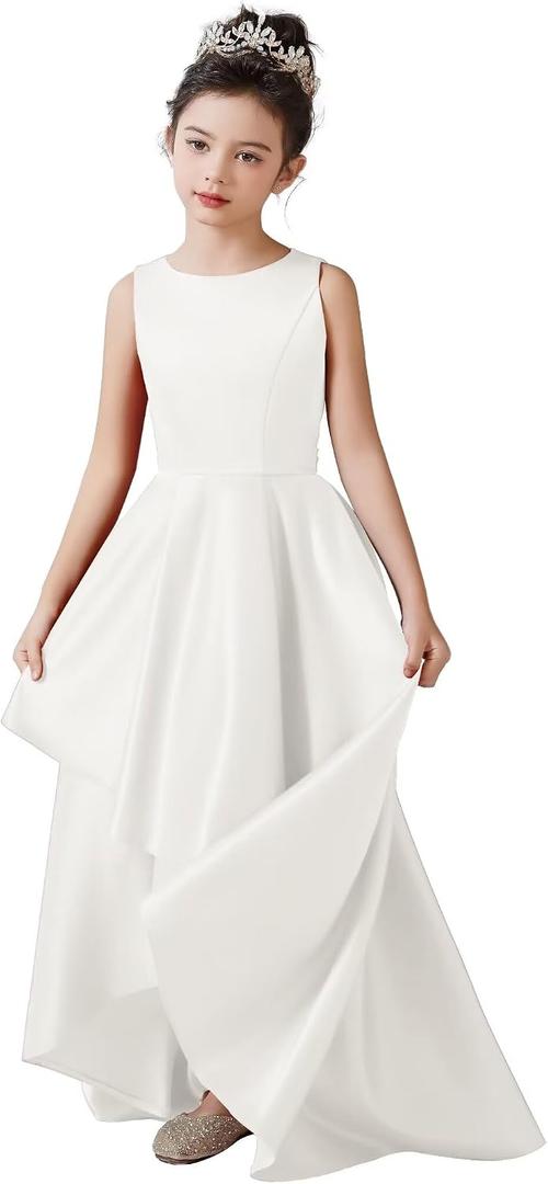 Girls A Line Ivory Satin Long Formal Dress Floor Length Dress for 12 Year Old Girl White Flower Girl Dresses for Wedding