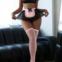 Sexy Stockings Mini Skirt Mesh Sheer Lace Halloween Costume Maid Outfit Lingerie with Thong Set 4 Piece (XL)