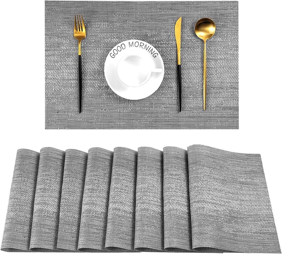 Leetaltree Grey Placemats, Heat Resistant Non-Slip Place mats for Dining Table, Washable Durable PVC Vinyl Woven Table Mats (Set of 8) (Gray)