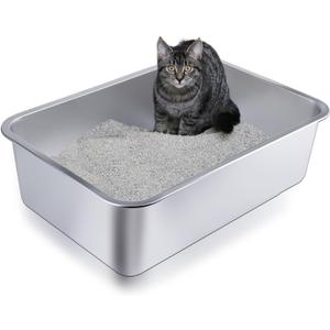 Stainless Steel Litter Box, Metal Cat Litter Box with High Sided for Medium and Small Cats, Kitty Litter Boxes, Non-Stick, Easy to Clean, Sturdy and Durable Cat Toilet (17.52" L x 13.6" W x 6" H)