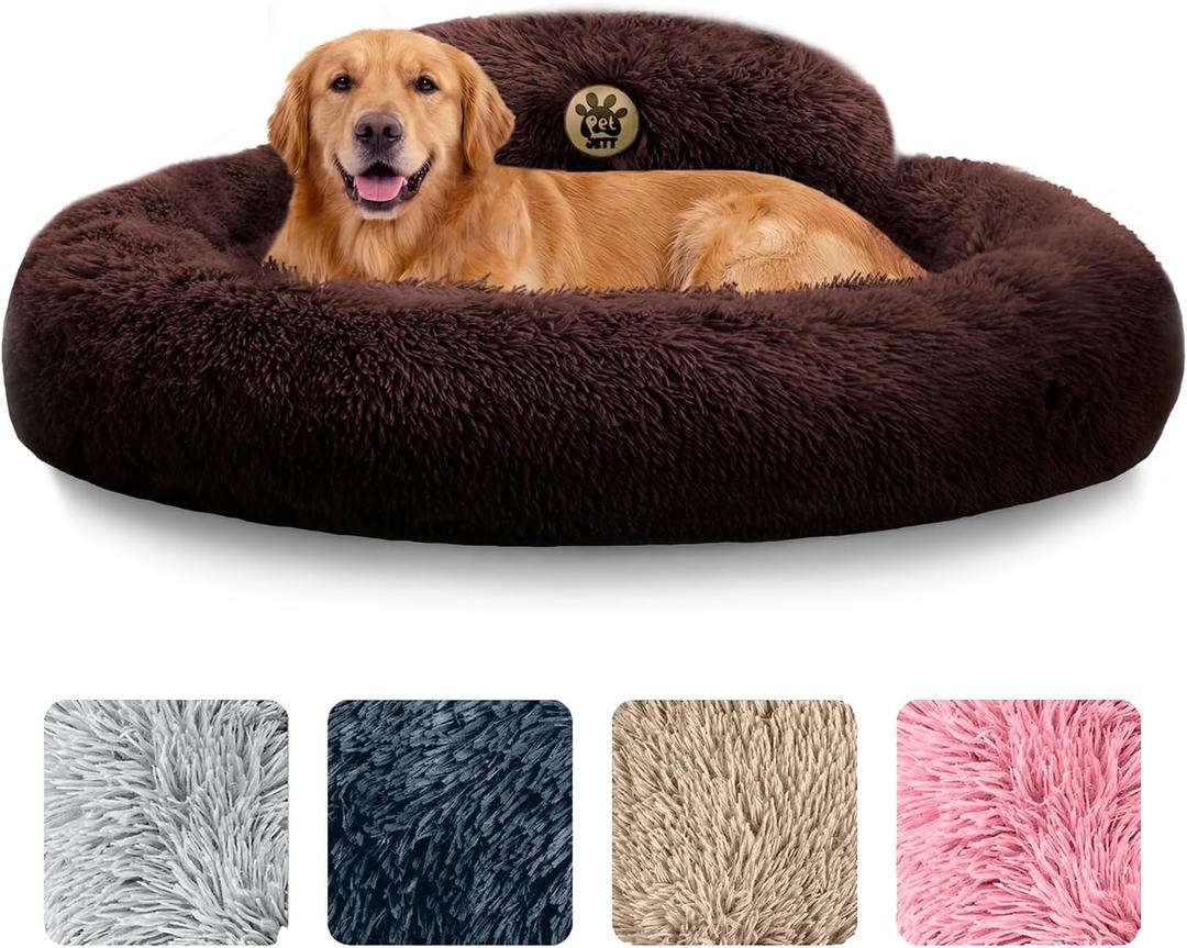 PetJett Dog Beds Large Sized Dog - 36'' Calming Round Bed, Anti-Slip & Washable Super Soft Donut Bed, Fluffy Faux Fur Anti-Anxiety Premium Comfort Pet Bed, Fits Dogs up to 80 lbs - Brown