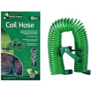 3/8" Lightweight Coil Garden Hose 50 FT, EVA Flexible Curly Water Pipes with 5-Pattern Spray Nozzle for Boat, Greenhouse, Yard, Patio, Green (50 FT(15M))