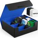 Mlikero Card Deck Case, 1800+ Trading Card Storage Box with 10 Dividers and 3 Foam Stoppers, Leather Magnetic Closure Commander Deck Box Fit for YuGiOh, MTG and Sport Cards (Black&Blue)