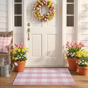 Spring Pink and White Plaid Rug, 2'4" x 3'7" Cotton Blend Layered Doormat Rug for Front Door, Hand-Woven Washable Entryway & Porch Decor