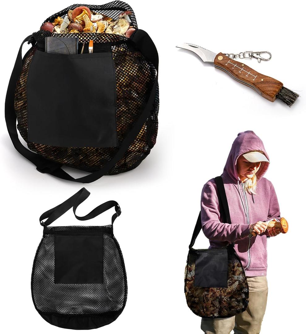Foraging Bag, 2 Pcs Mushroom Foraging Kit with Bag and Foldable Knife, Morel Mushroom Picking Basket, Practical Mushroom Collecting Supplies Tools for Mushroom Decor Lovers