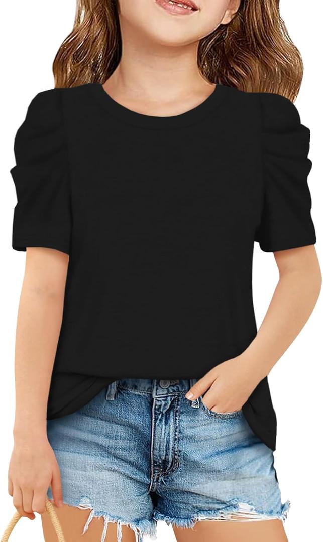 ZDC Girls Puff Short Sleeve Tops Crewneck T Shirts (Black)
