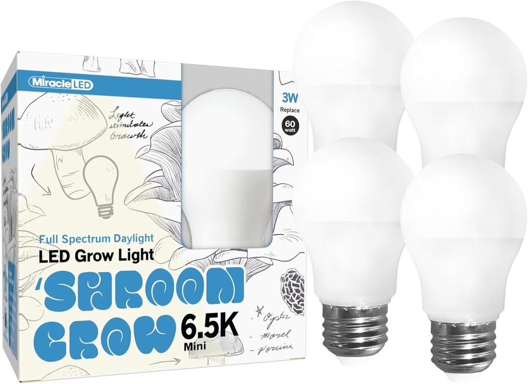 Miracle LED Shroom Grow Indoor LED Grow Bulbs for Oyster, Shiitake, Lions Mane Mushrooms ect. with 6.5K MINI Full Spectrum Replace 60W LED Grow Bulbs (4-Pack)