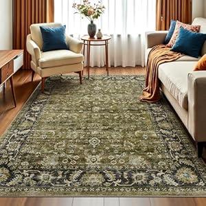 WITSHOCK 5x8 Area Rugs for Living Room: Machine Washable Non Slip Vintage Carpet - Low Pile Lightweight Print Rug for Bedroom Dining Room - Stain Resistant for Household - Pet-Friendly (Olive)