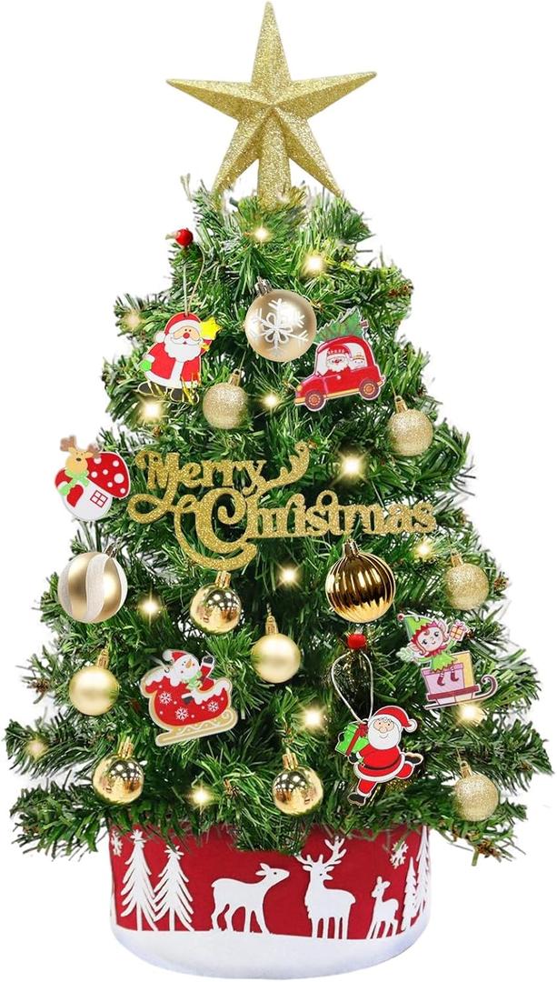 Grandeal 24 Inch Mini Table top Christmas Tree with Timer 30 LEDs & 34 Ornaments 2 Ft Small Tabletop Christmas Tree with Lights Artificial Christmas Decorations Desk Kid Room Office Home Decor Xmas
