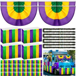 Ceenna 16 Pcs Mardi Gras Parade Float Decorations with 4 Pcs Mardi Gras Table Skirts 4 Pcs Mardi Gras Bunting Flag 4 Pcs Mardi Gras Tinsel Garland 4 Pcs Fringe Banner for New Orleans Carnival Supplies