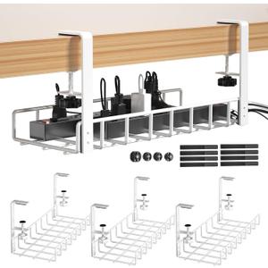 3 Pack Cable Management Under Desk Tray, 47.1" No Drill Under Desk Wire Management with Upgraded Clamp, Metal Cord Organizers with Cable Organizers, PC Cord Organization Rack, White