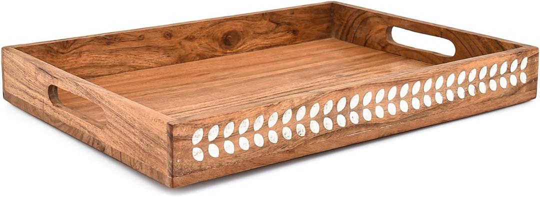 Serving Trays Acacia Wood Food Serving Tray for Coffee Table, Kitchen Counter, Bathroom or Entryway with Cutout Handles(16" X 12" X 2")