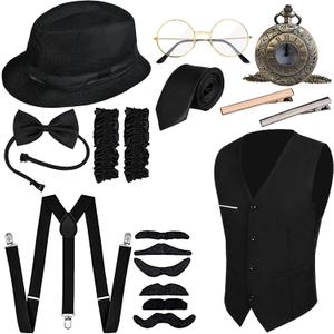 GOLDGE Gatsby-inspired 1920s Men's Costume Set with Gangster Vest, Pocket Watch, Hat, Suspenders Accessories for Halloween Cosplay or Retro Parties