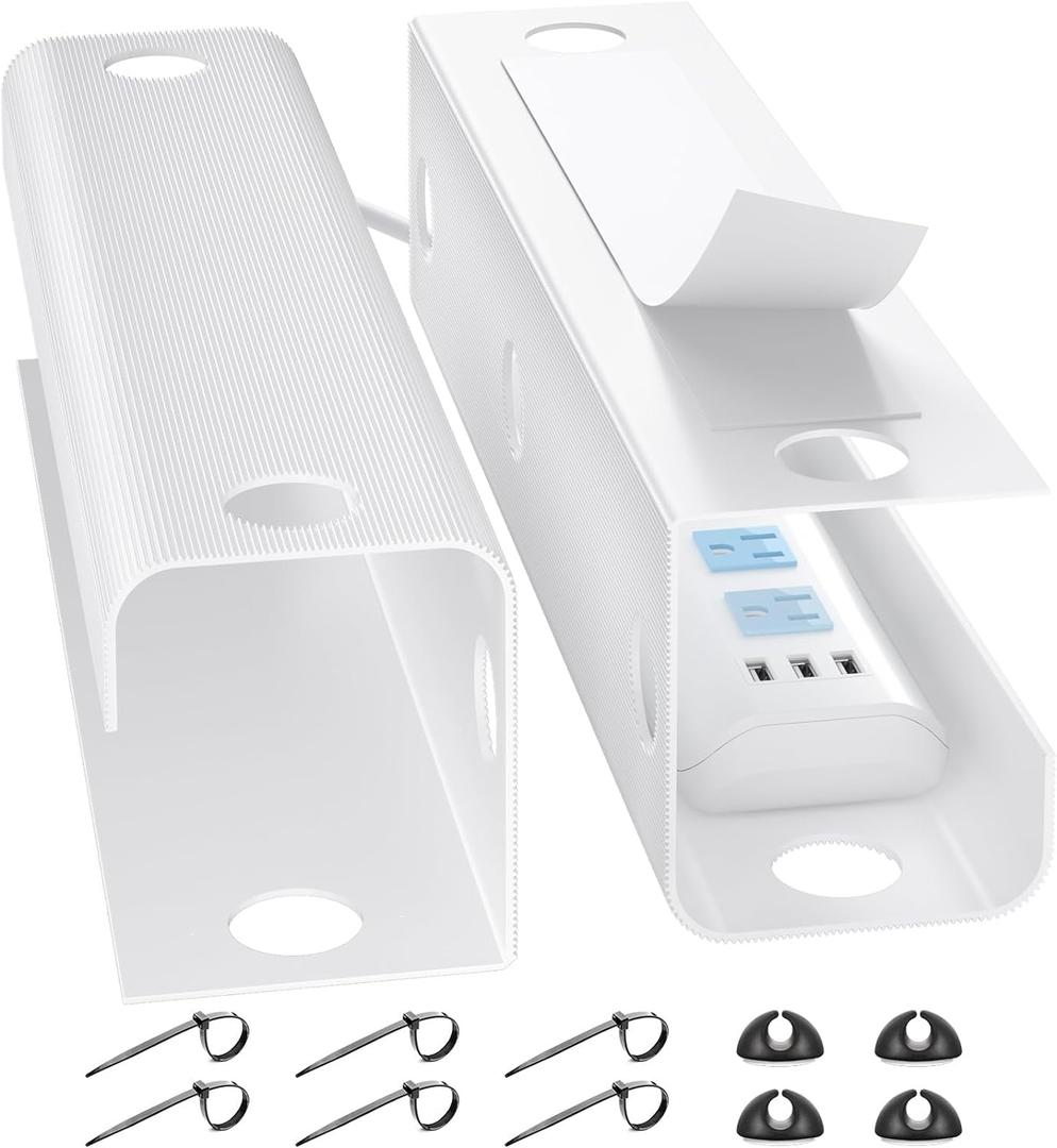 YECAYE Large Under Desk Cable Management,Easy Install Cable Management Under Desk with 4 Cord Holders & 6 Ties,Child & Pet-Safe Cord Hider,Wire Organizer,Wire Cover Tray,White